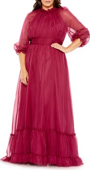 FABULOUSS BY MAC DUGGAL High-Neck Chiffon Dress with Puff Sleeves and Ruffle Tiered Skirt