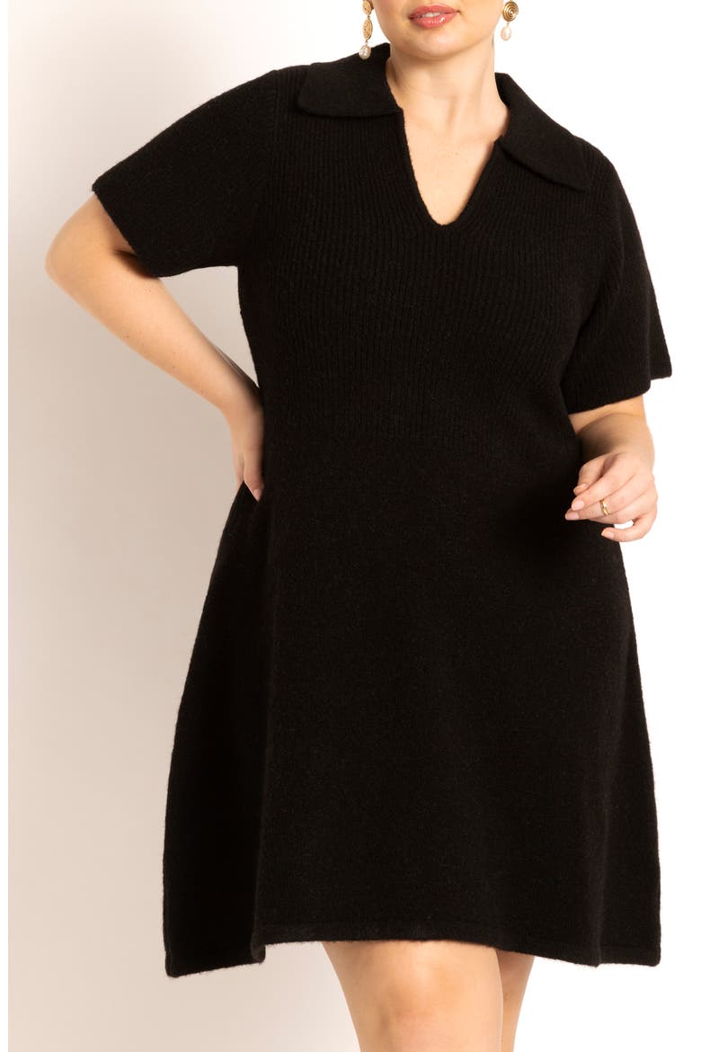 Polo Collar Mini Sweater Dress, Alternate, color, BLACK ONYX