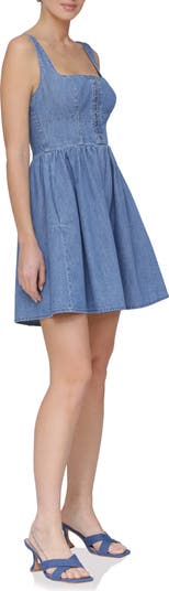 Bustier Cotton Denim Fit & Flare Minidress