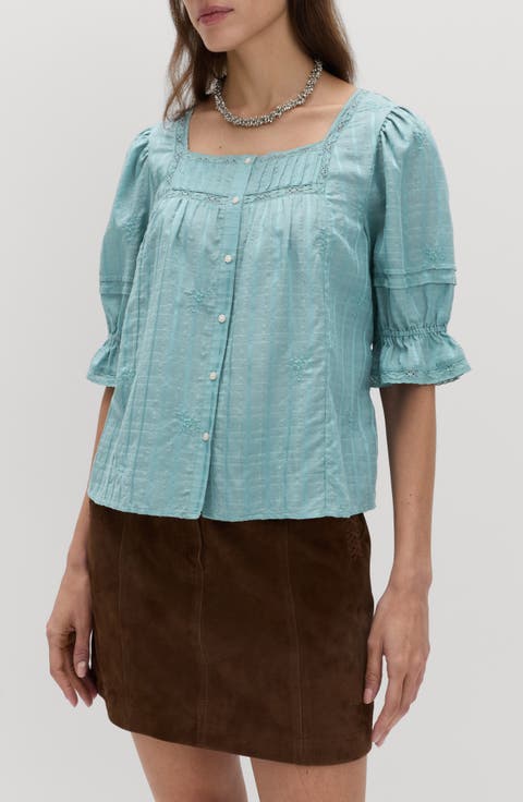 Floral Embroidered Lace Trim Button-Up Top