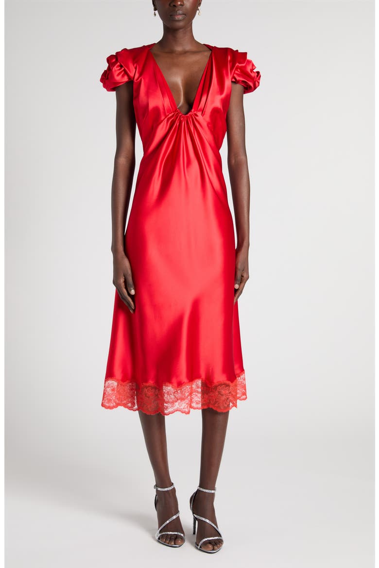 Rosette Sleeve Satin Cocktail Dress, Main, color, FLAME RED