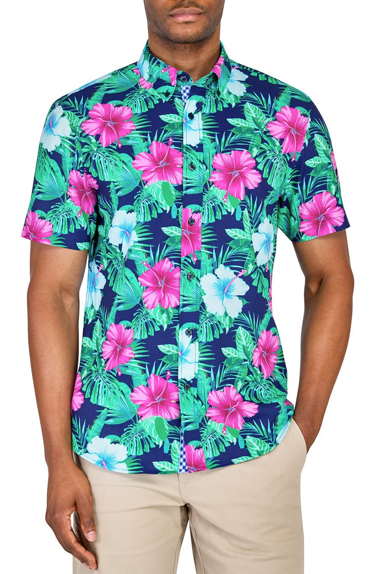 Slim Fit Large Hibiscus Recycled 4-Way Stretch Performance Short Sleeve Shirt, Main, color, MULTI