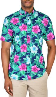 CONSTRUCT Slim Fit Large Hibiscus Recycled 4-Way Stretch Performance Short Sleeve Shirt