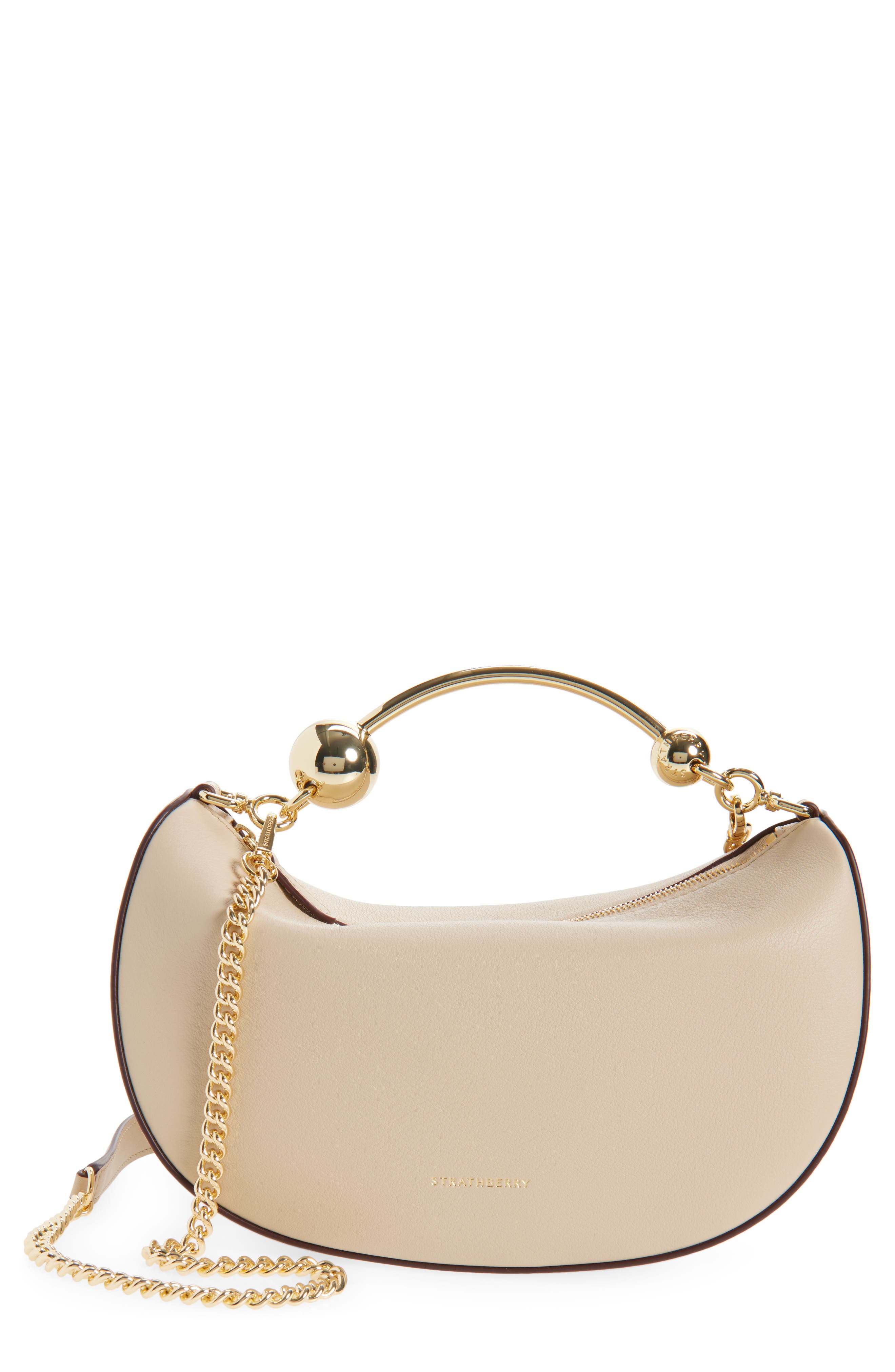 Strathberry Mini Crescent Moon Leather Shoulder Bag, Main, color, Oat