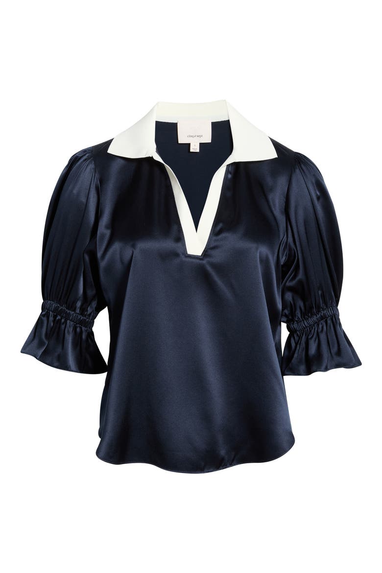 Freida Silk Johnny Collar Top, Alternate, color, NAVY/ IVORY