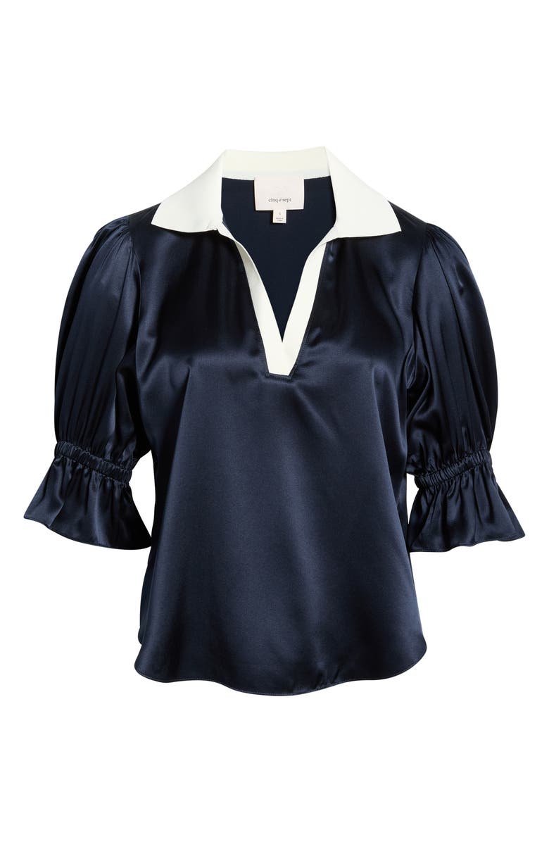 Cinq à Sept Freida Silk Johnny Collar Top, Alternate, color, Navy/ Ivory