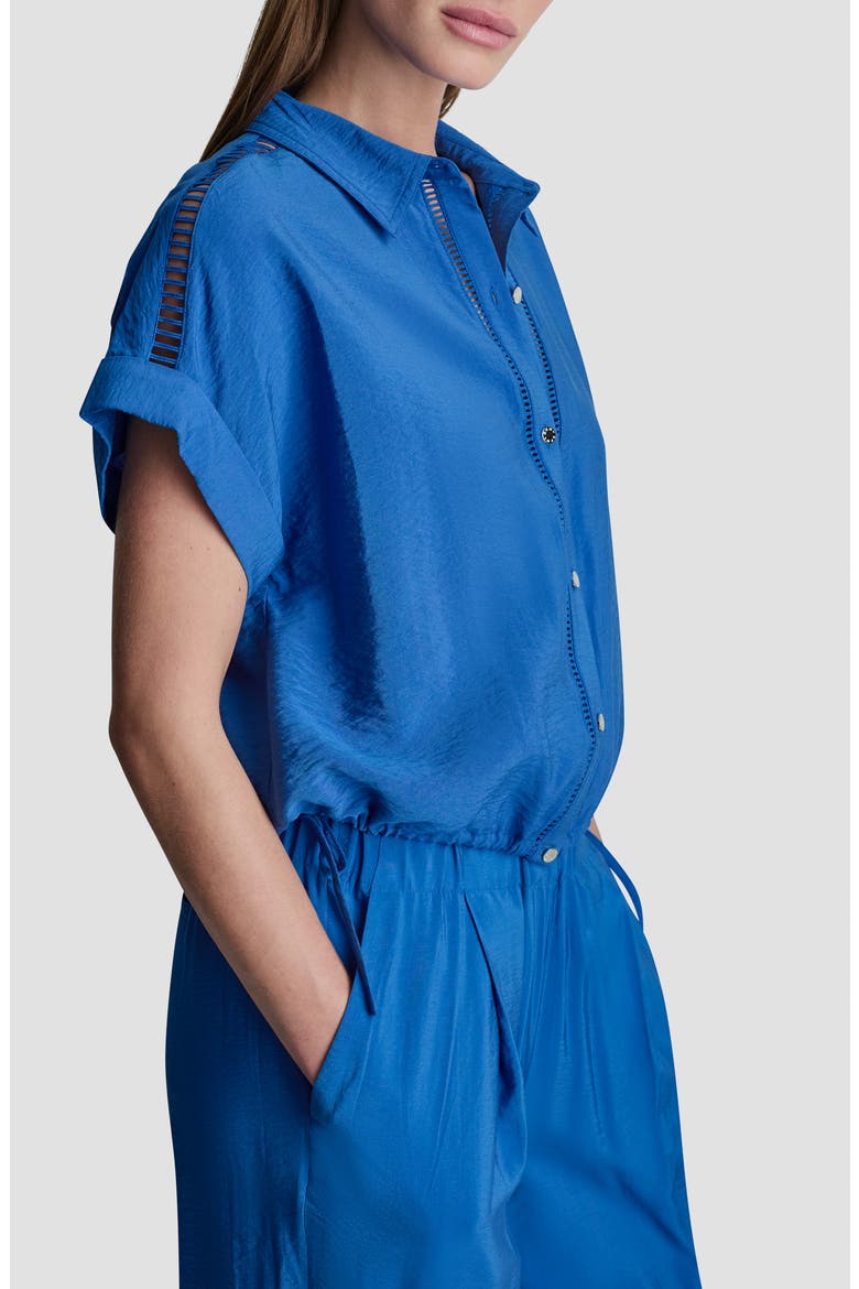 Ladder Lace Detail Short Sleeve Button-Up Shirt, Alternate, color, COBALT