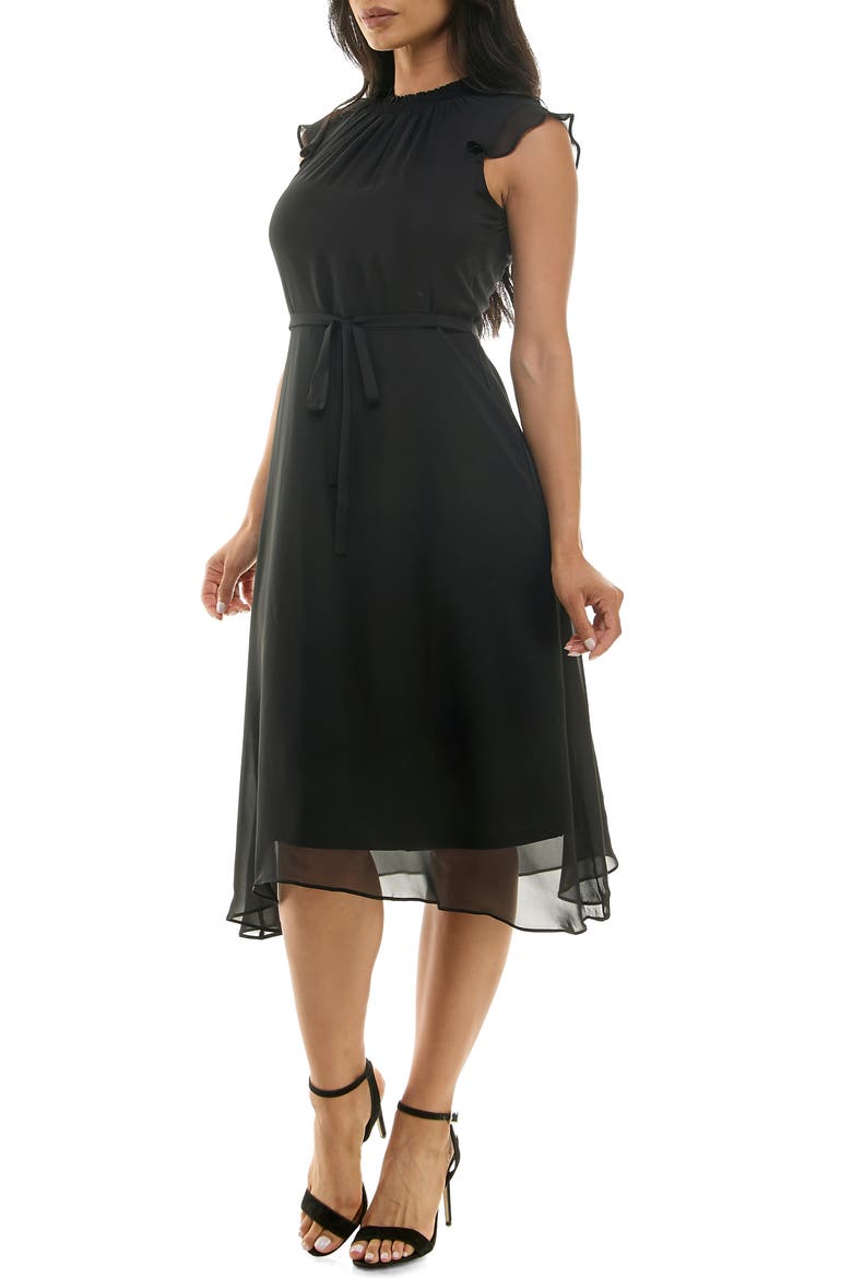 Flutter Sleeve Chiffon Midi Dress, Alternate, color, BLACK
