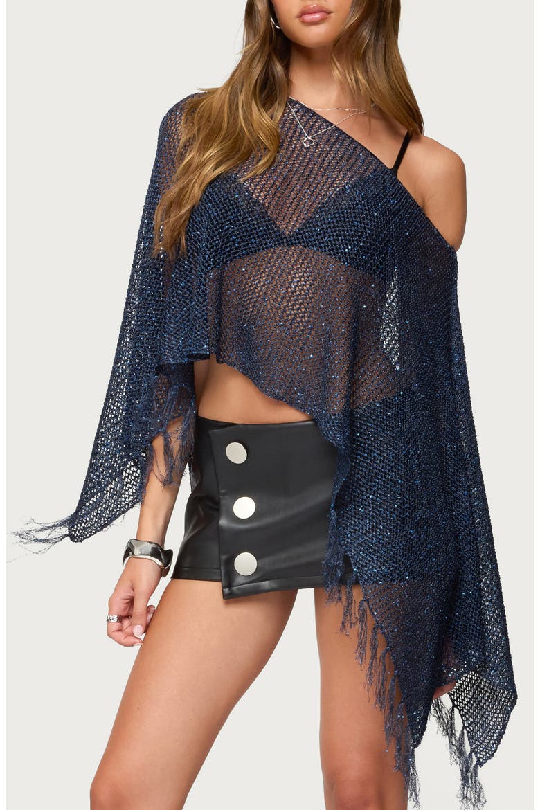 Sequin Fringe Knit Poncho, Main, color, NAVY