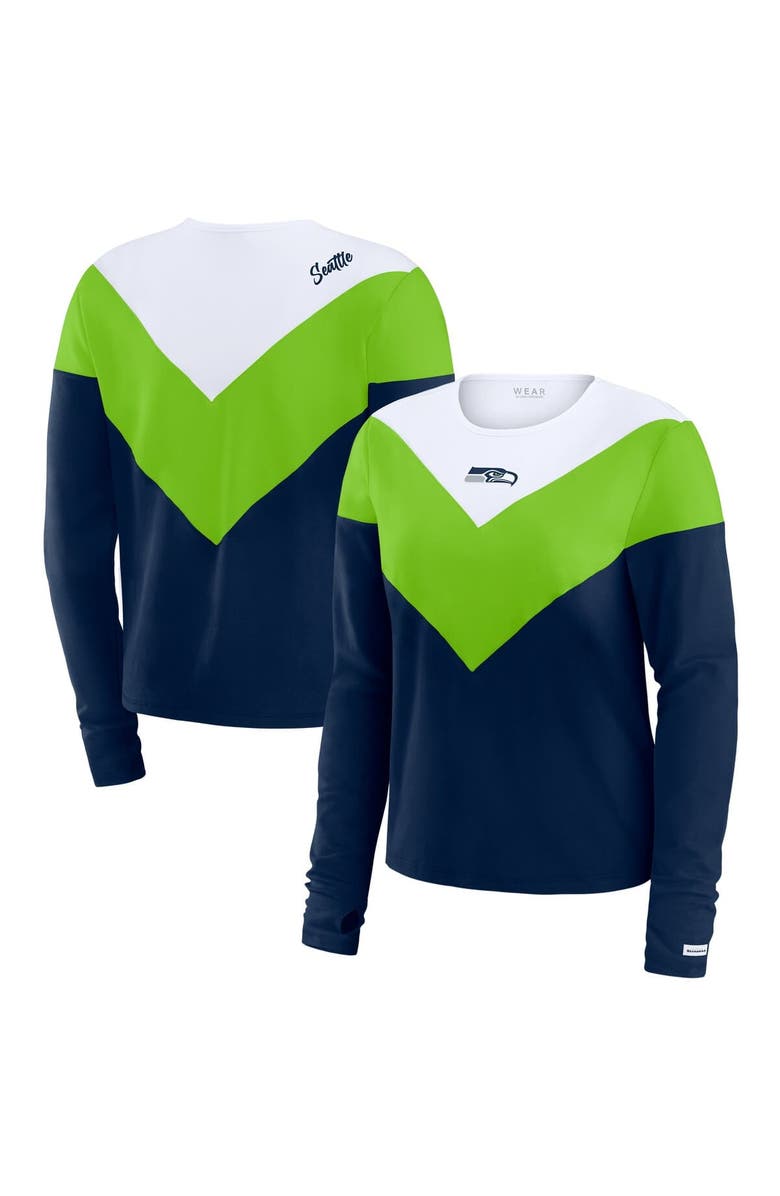 WEAR by Erin Andrews Women's WEAR by Erin Andrews College Navy/Neon Green Seattle Seahawks Plus Size Chevron Tri-Blend Long Sleeve T-Shirt, Main, color, College Navy
