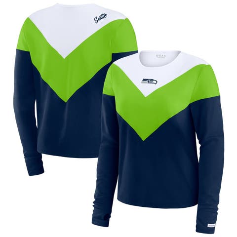Women's WEAR by Erin Andrews College Navy/Neon Green Seattle Seahawks Plus Size Chevron Tri-Blend Long Sleeve T-Shirt