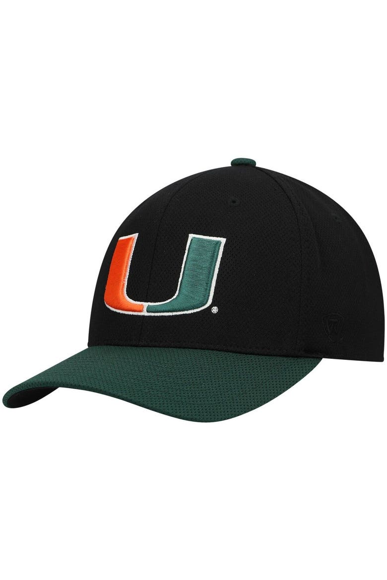 Men's Top of the World Black/Green Miami Hurricanes Two-Tone Reflex Hybrid Tech Flex Hat, Alternate, color, Black