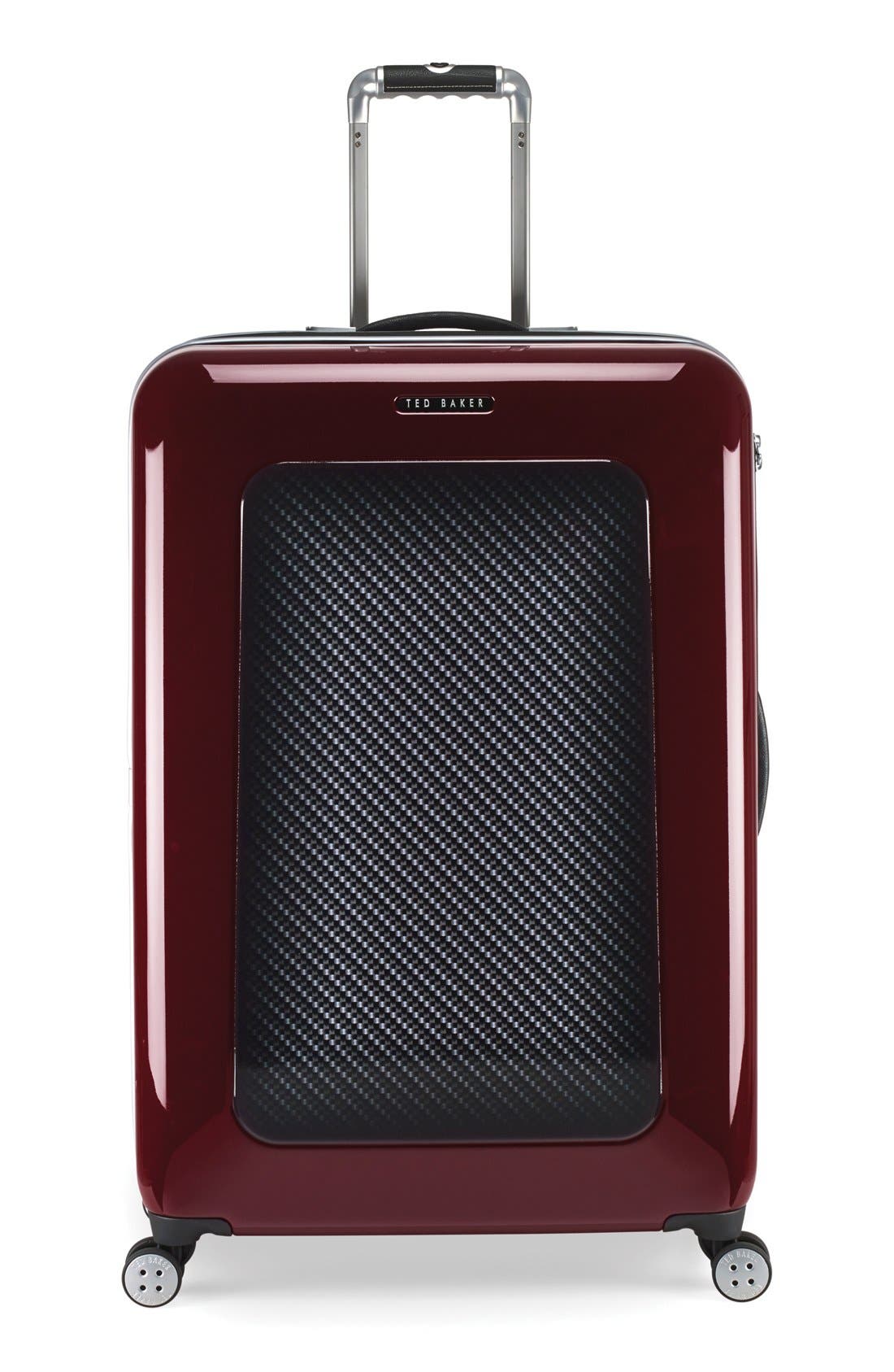 Ted Baker London 'Large Burgundy' Four Wheel Suitcase, Main, color, 