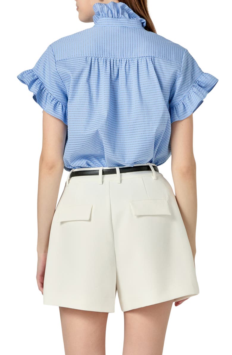 English Factory Microprint Ruffle Detail Cotton Button-Up Shirt, Alternate, color, 