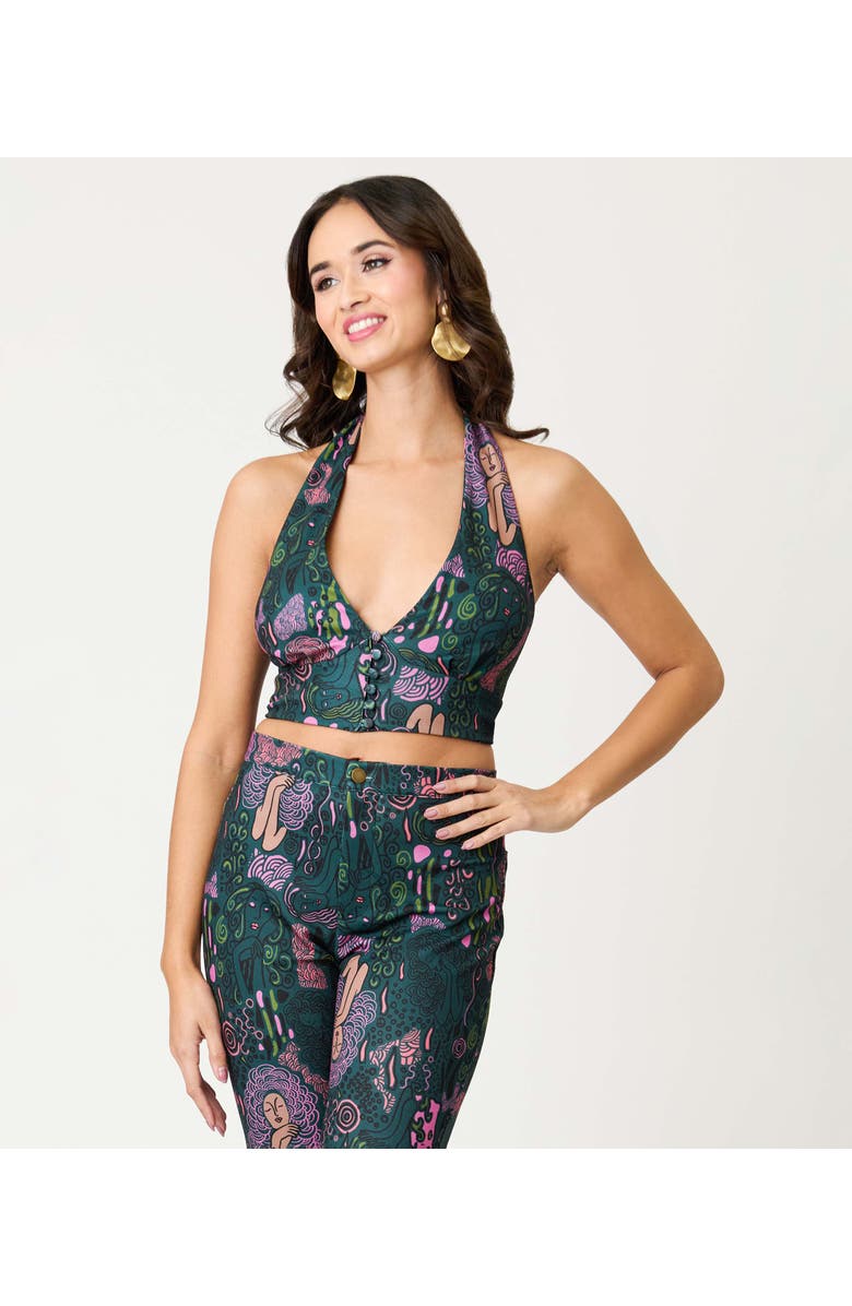 Smak Parlour Sultry Halter Neck Crop Top, Main, color, Green Mannequin Doodle Print