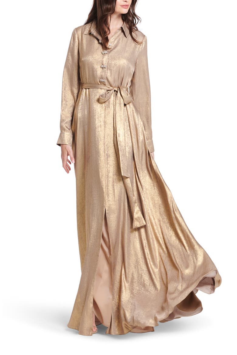 Foil Long Sleeve Chiffon Gown, Main, color, GOLD