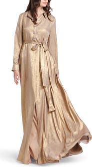 EMILY SHALANT Foil Long Sleeve Chiffon Gown