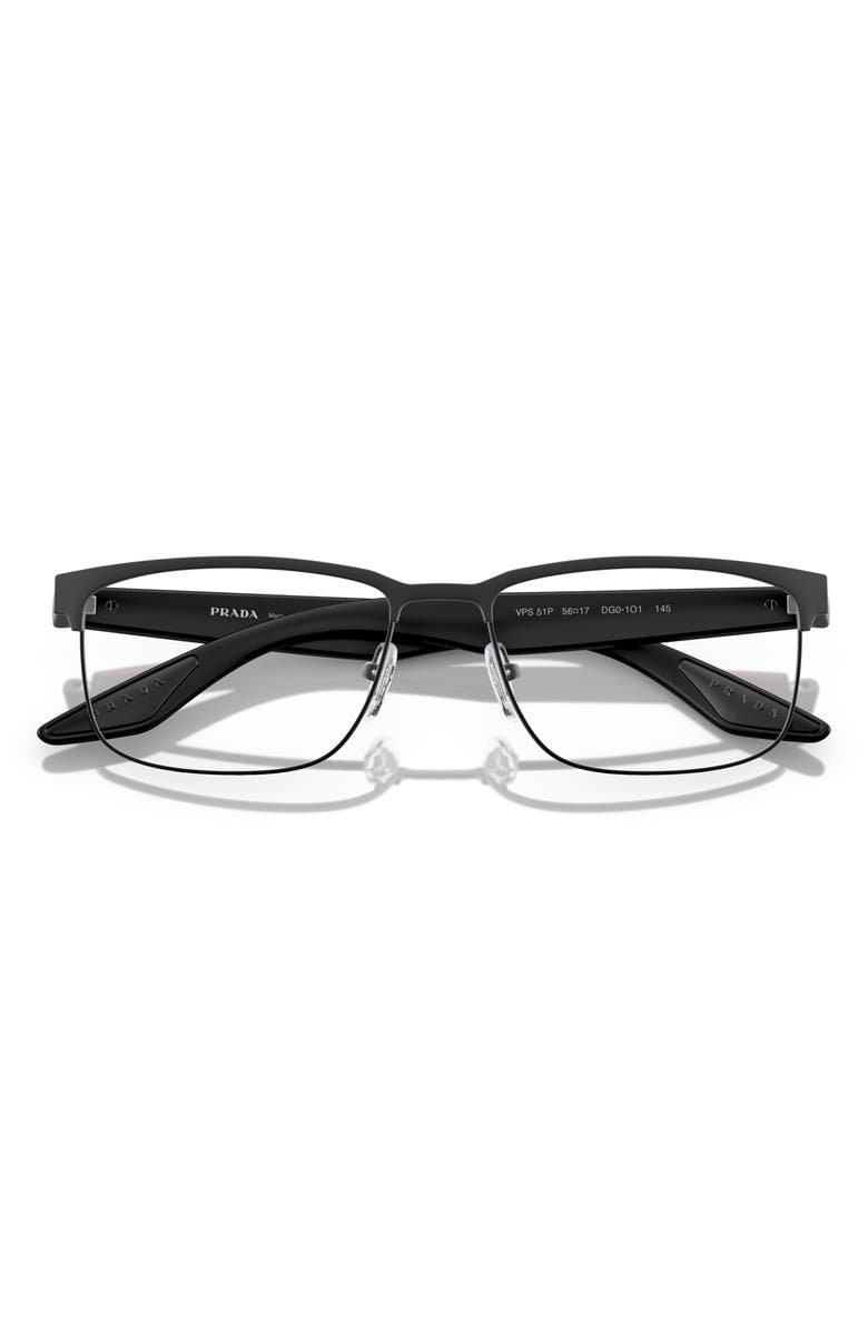 Prada Linea Rossa 56mm Rectangular Optical Glasses, Alternate, color, Rubber Black