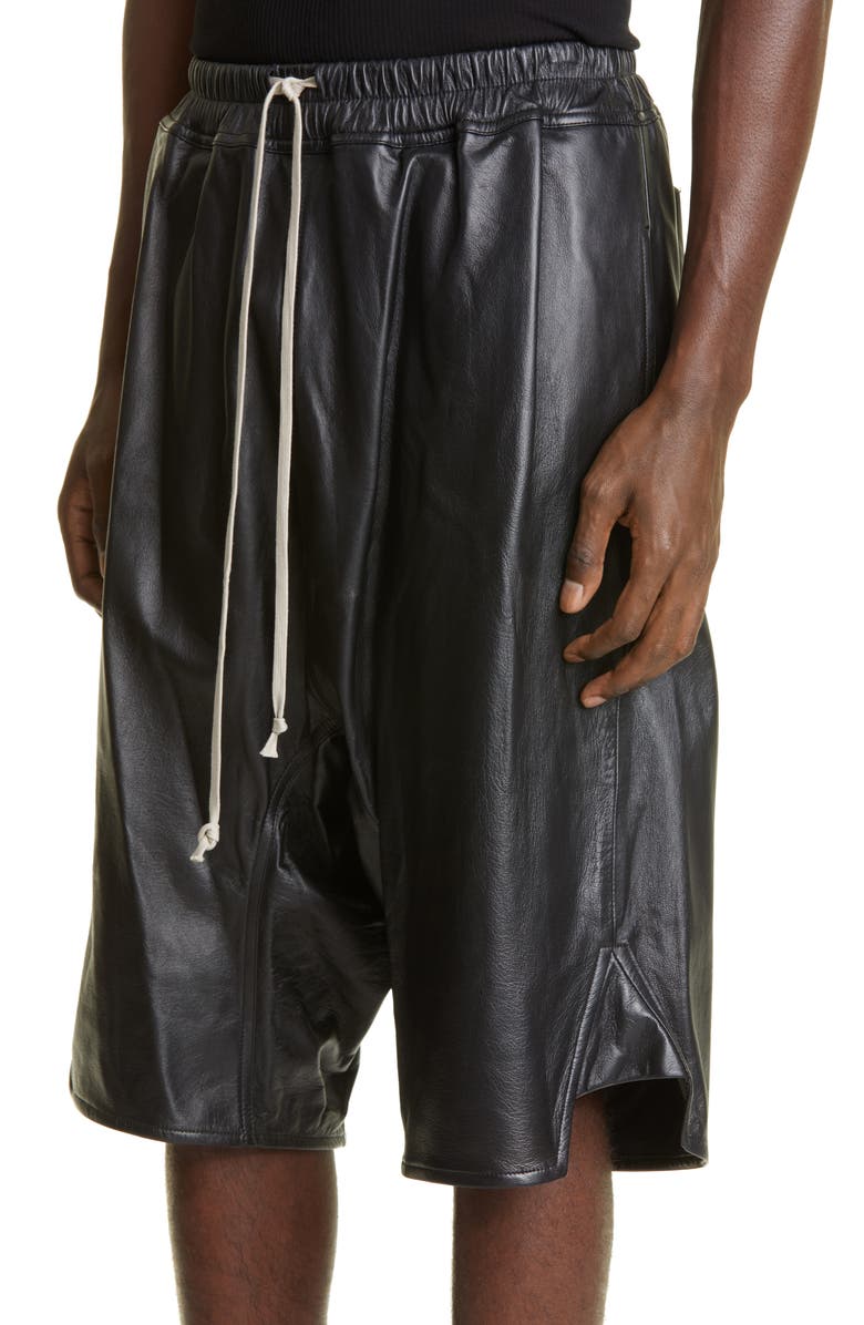 Rick Owens Basket Drop Crotch Leather Shorts, Alternate, color,