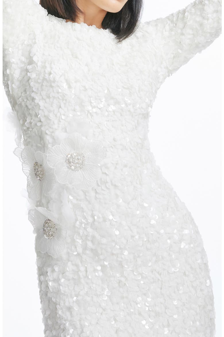 Emmalyn Floral Appliqué & Sequin Long Sleeve Body-Con Cocktail Dress, Alternate, color, WHITE
