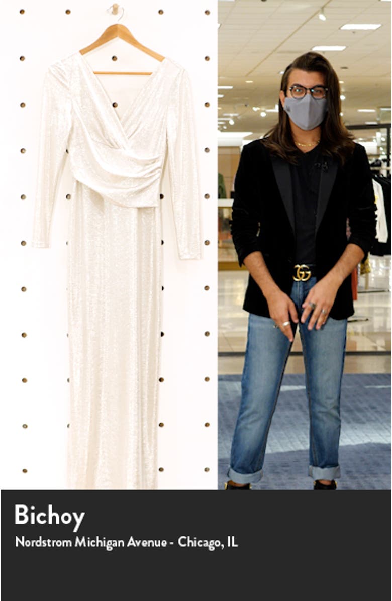Metallic Long Sleeve Faux Wrap Gown, sales video thumbnail