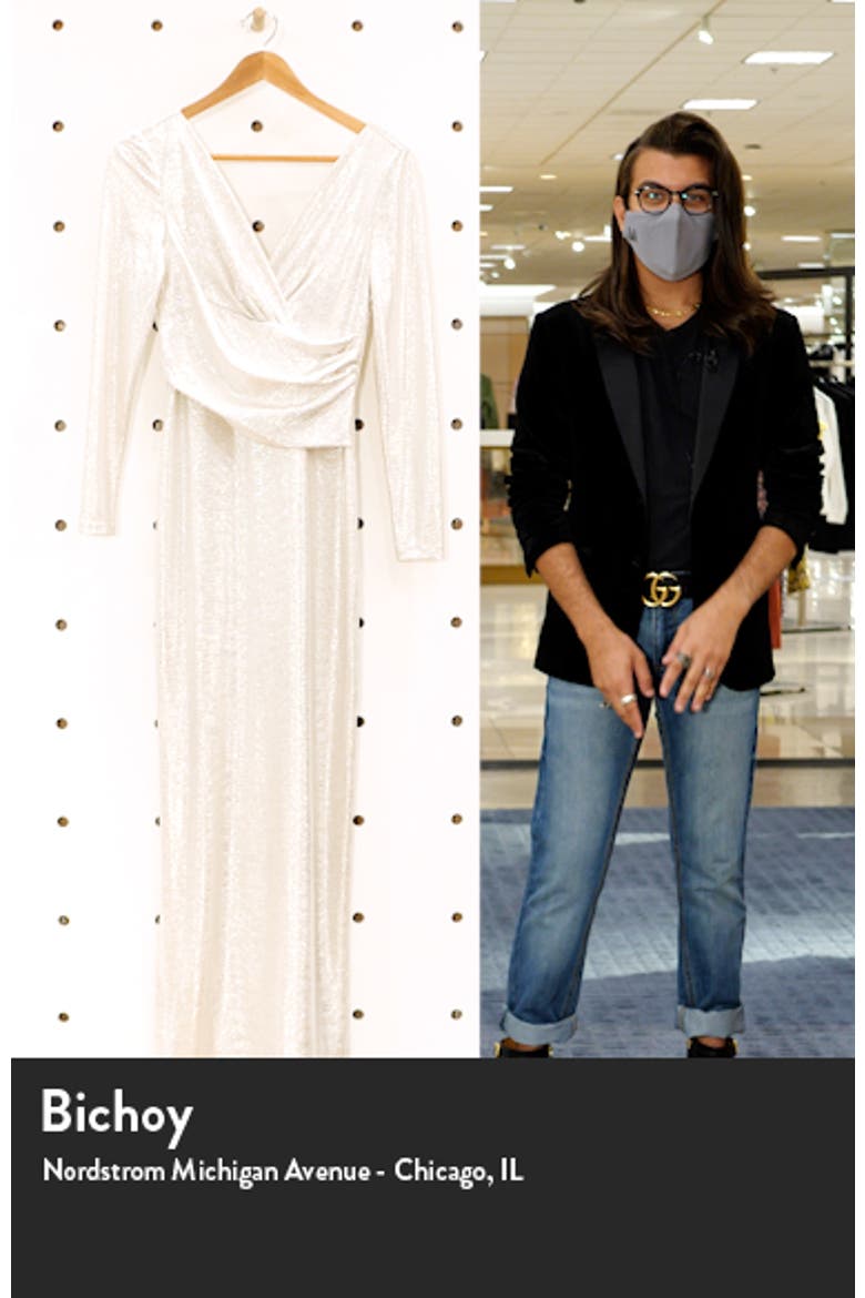 Metallic Long Sleeve Faux Wrap Gown video
