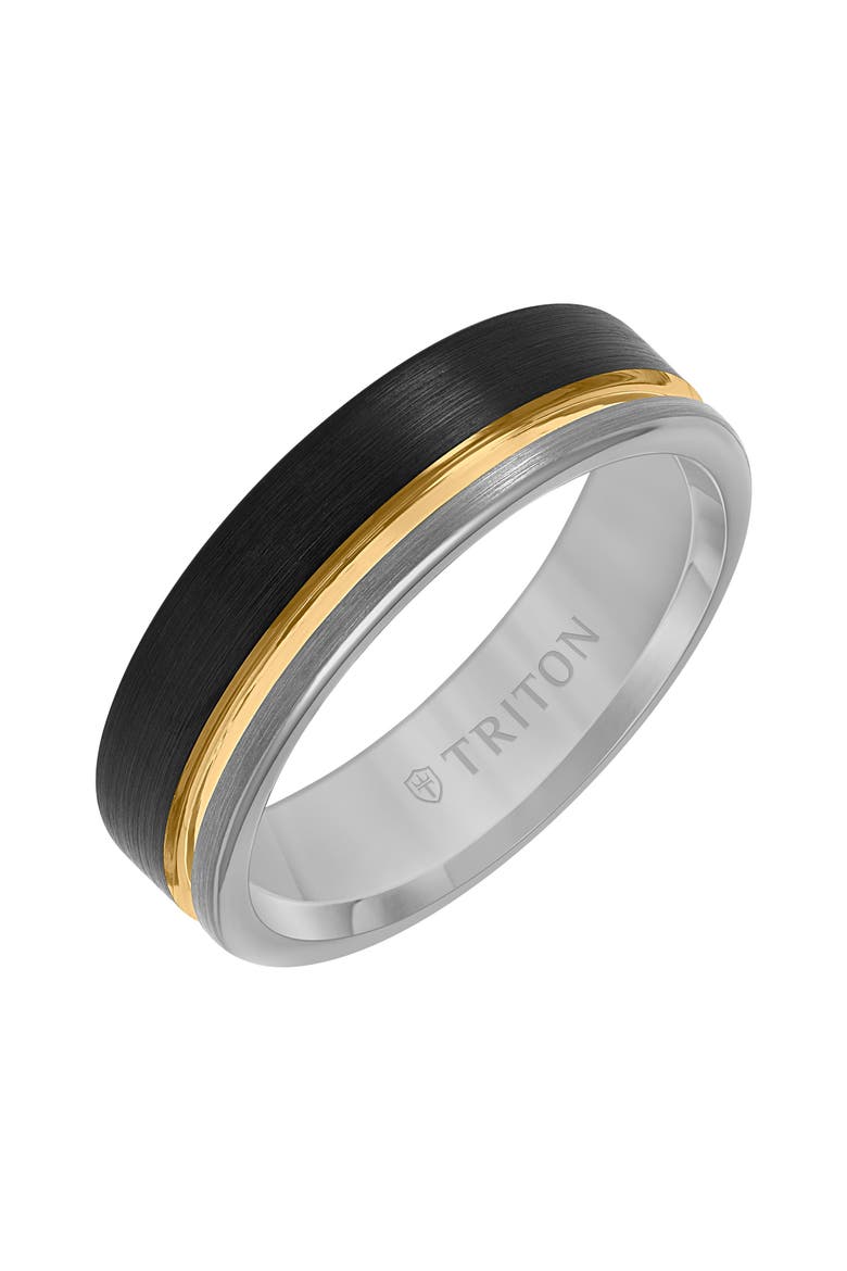 6.5MM Tungsten Carbide Ring with Black, Yellow and Grey Tungsten Center Groove and Brushed Finish with Flat Edge, Main, color, Metallic Silver