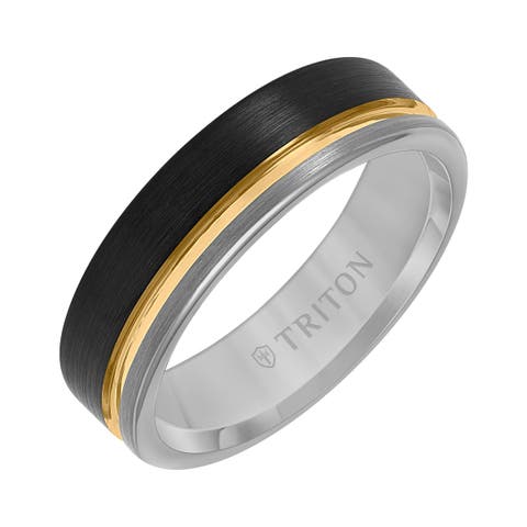 6.5MM Tungsten Carbide Ring with Black, Yellow and Grey Tungsten Center Groove and Brushed Finish with Flat Edge