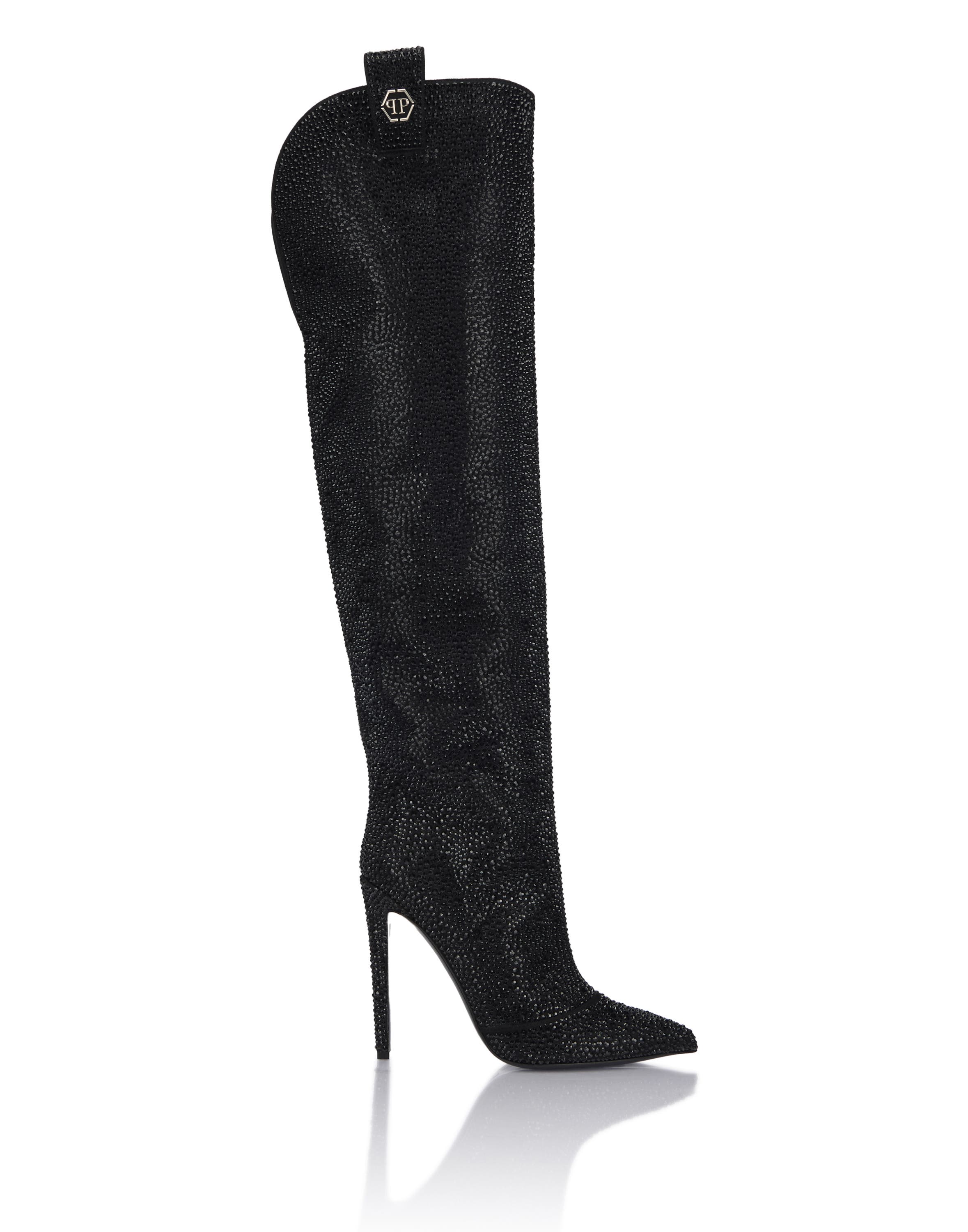 High-Heel High Boots Mixed Strass Hexagon Women, Alternate, color, black