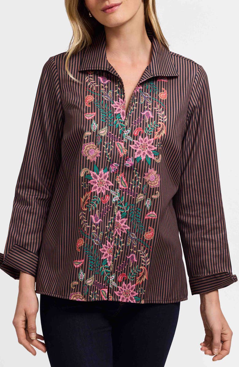 Foxcroft Agnes Floral Stripe Cotton Poplin Popover Top, Main, color, Brown Multi