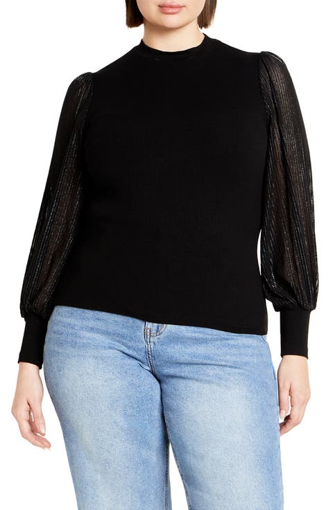 Tarynn Metallic Stripe Sheer Sleeve Top