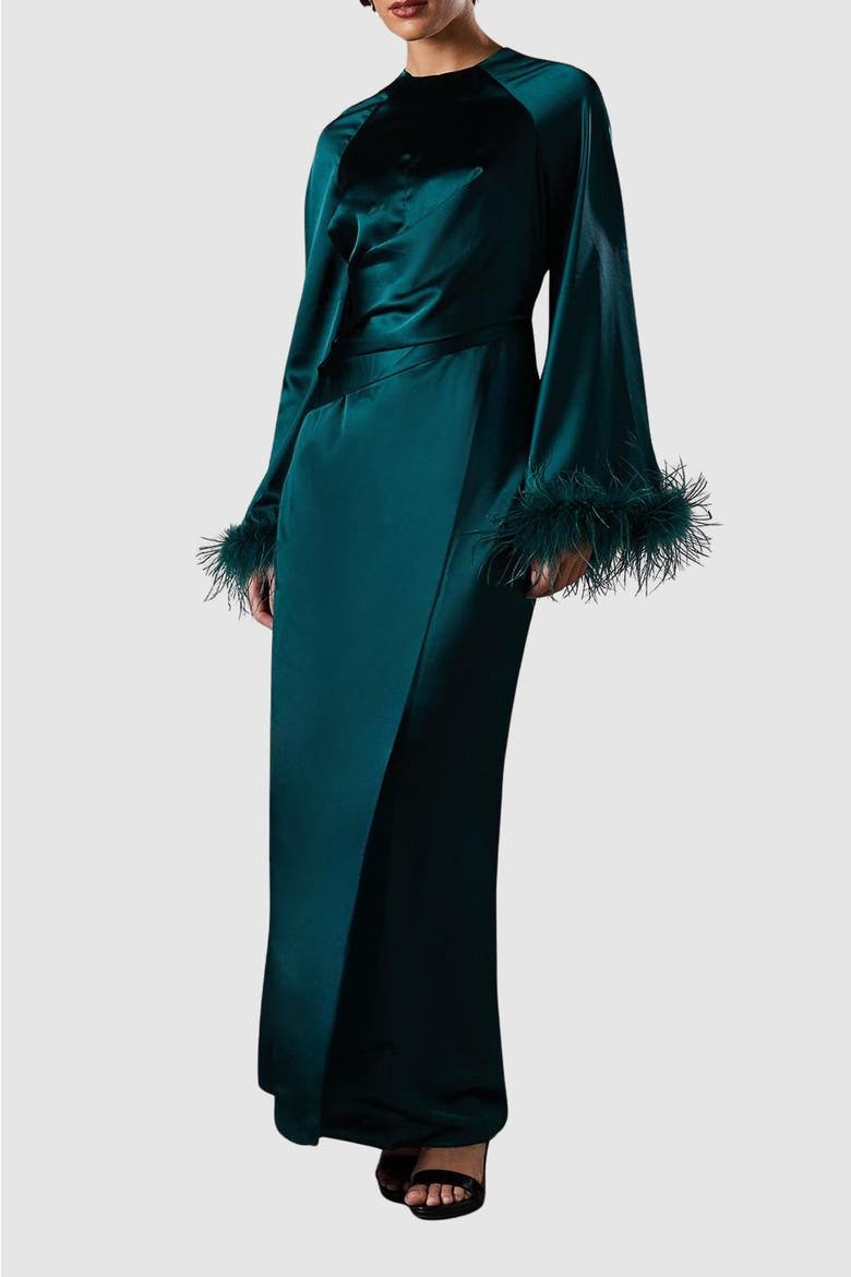 Long Sleeve Trim Satin Maxi Dress, Alternate, color, Green