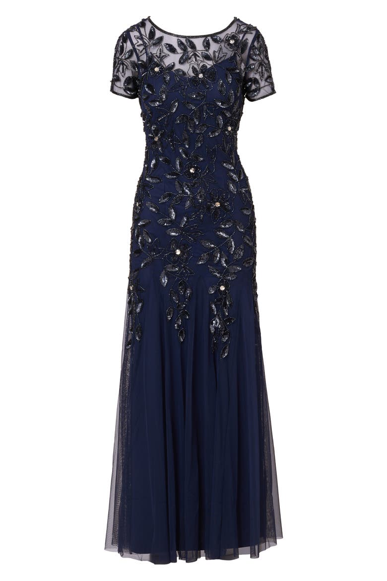 Floral Embroidered Beaded Trumpet Gown, Alternate, color, LIGHT NAVY