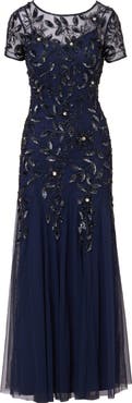 Adrianna Papell Floral Embroidered Beaded Trumpet Gown