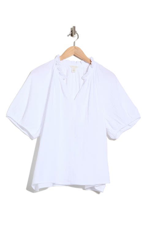 Split Neck Short Sleeve Cotton Gauze Top (Plus)