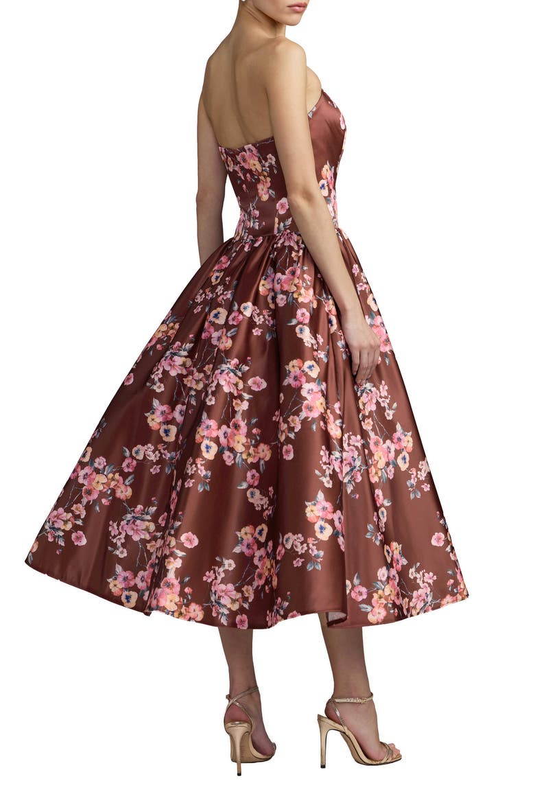 Strapless Floral Satin Tea-Length Ball Dress, Alternate, color, Bordeaux Multi