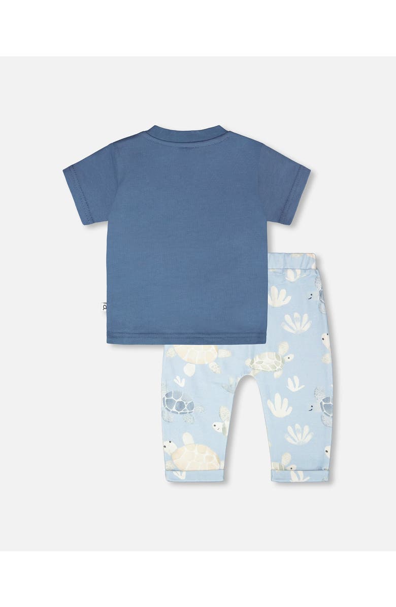 Deux par Deux Organic Cotton Turtle Print Jersey T-Shirt and Pants Set, Alternate, color, Medium Blue & Blue Turtle