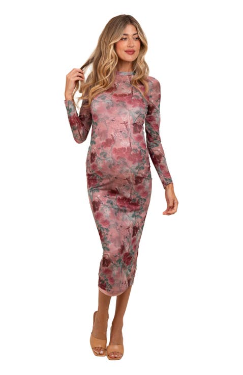 Floral Printed Mesh Overlay Maxi Dress