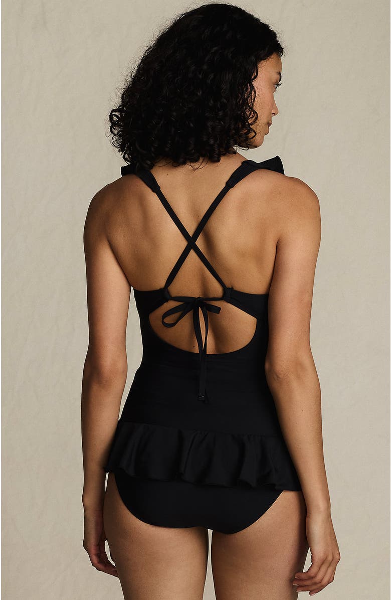 Lands' End Ruffle Plunge Skirted High Leg One Piece, Alternate, color, Black