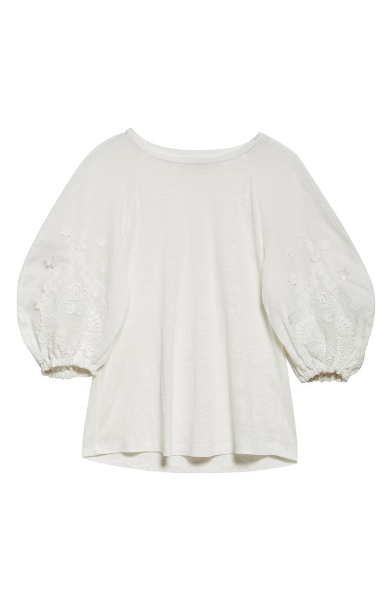 Zimmermann Lace Appliqué Lantern Sleeve Linen T-Shirt, Alternate, color, Ivory