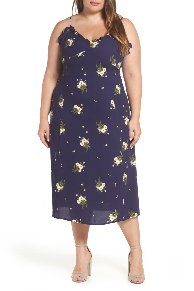Ruffle Trim Floral Print Midi Dress, Alternate, color, NAVY EVENING DAISY