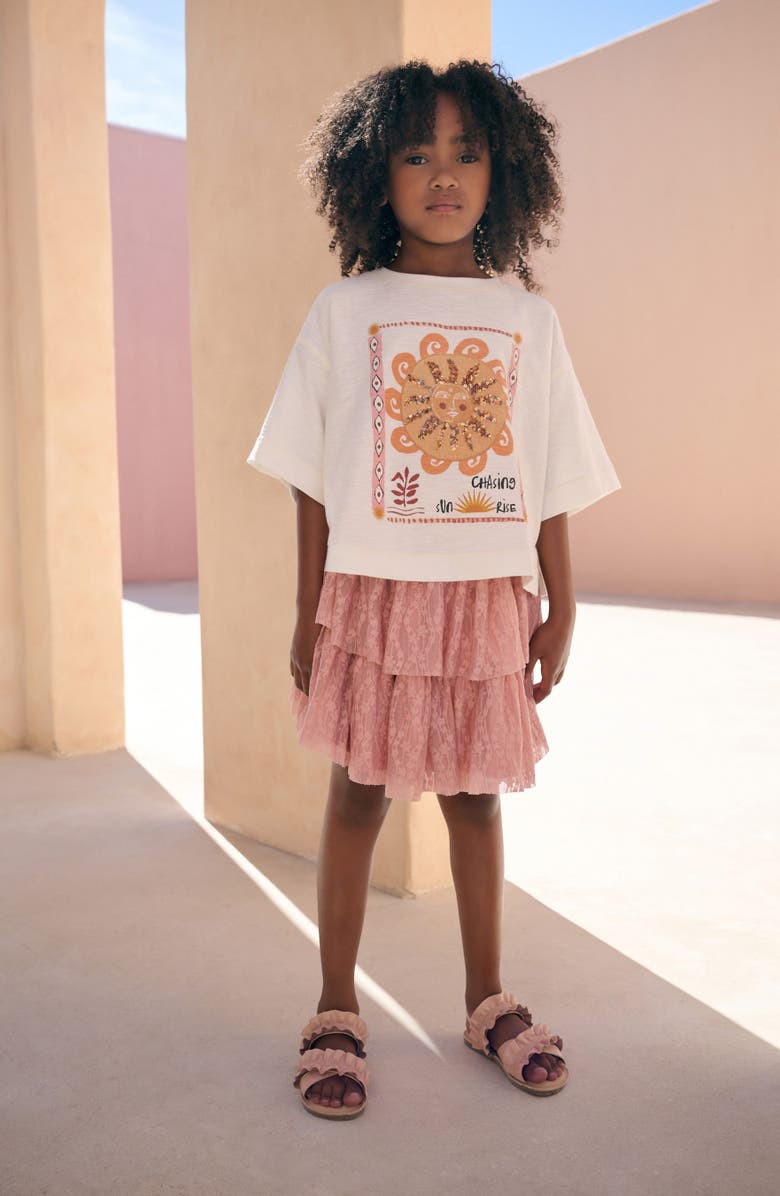NEXT Kids' Boxy Graphic T-Shirt & Tiered Lace Skirt Set, Alternate, color, Orange
