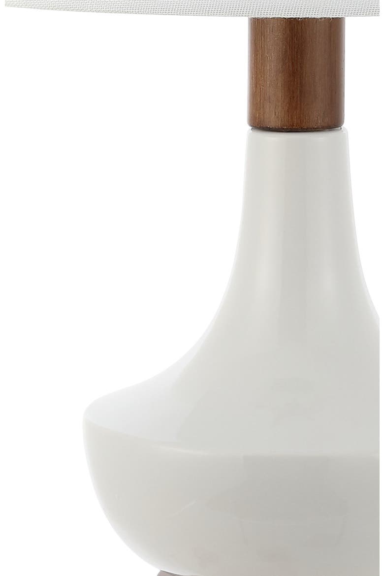 Finn 23" Vintage Minimalist Iron/Ceramic LED Mini Table Lamp with USB Charging Port, Wood Finished/White, Alternate, color, White/Brown Wood Finish