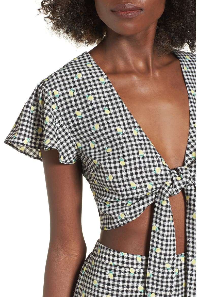Gingham Tie Front Crop Top, Alternate, color, GINGHAM LEMON PRINT