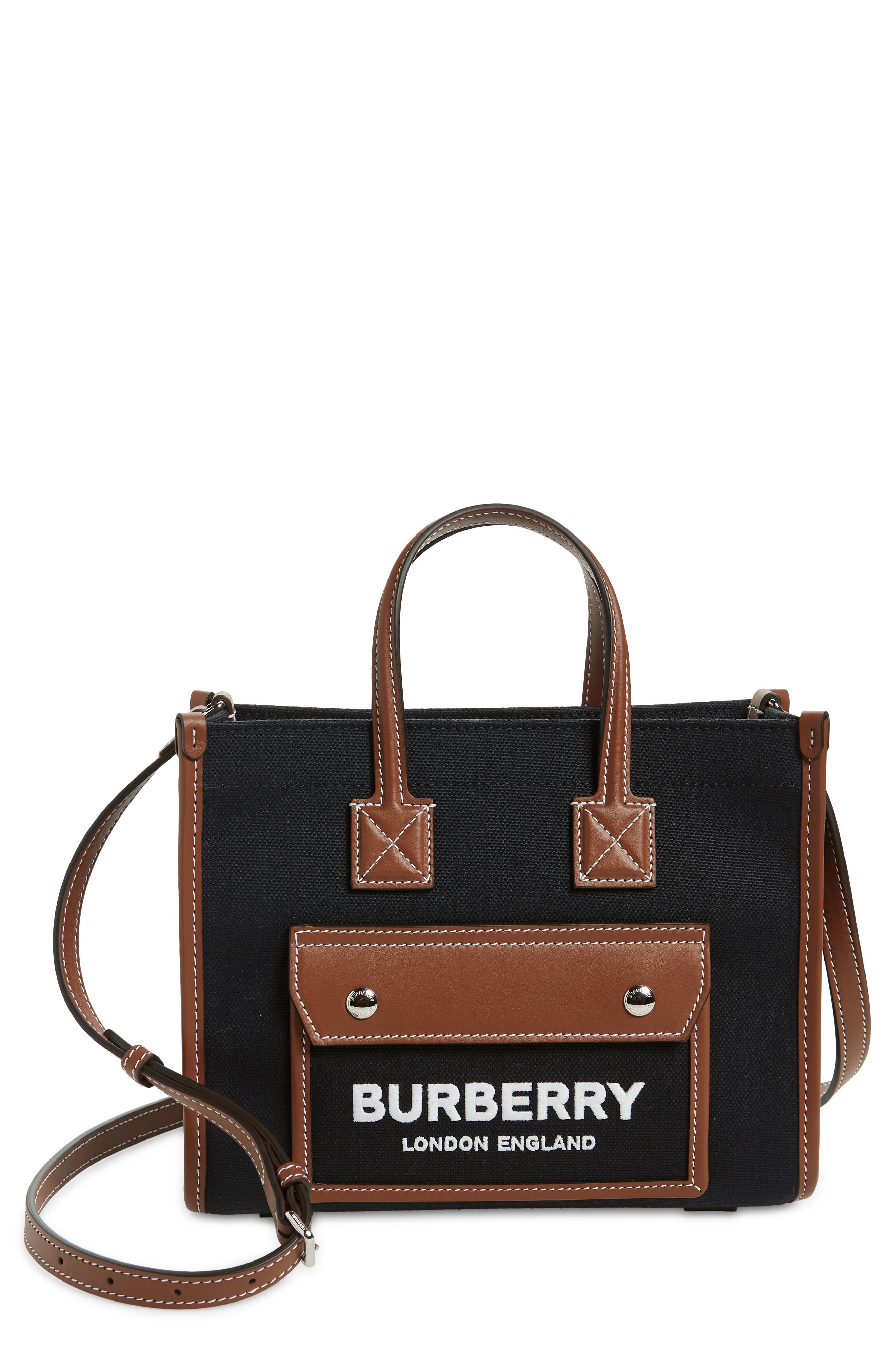 Burberry Mini Freya Horseferry Logo Canvas & Leather Tote, Main, color, 