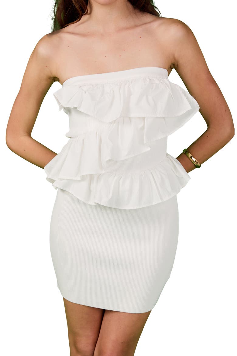 Ruffle Strapless Rib Minidress, Alternate, color, WHITE
