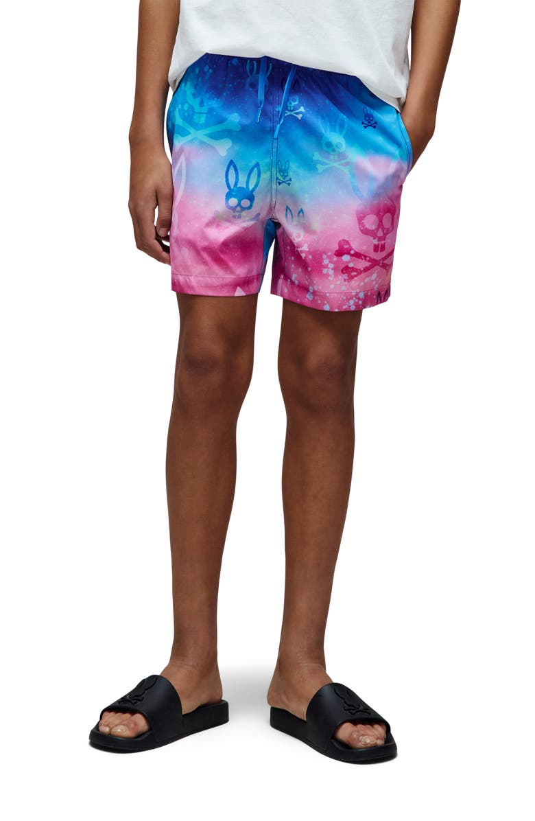 Psycho Bunny Kids' Caspian Allover Bunny Swim Trunks, Main, color, Begonia Pink