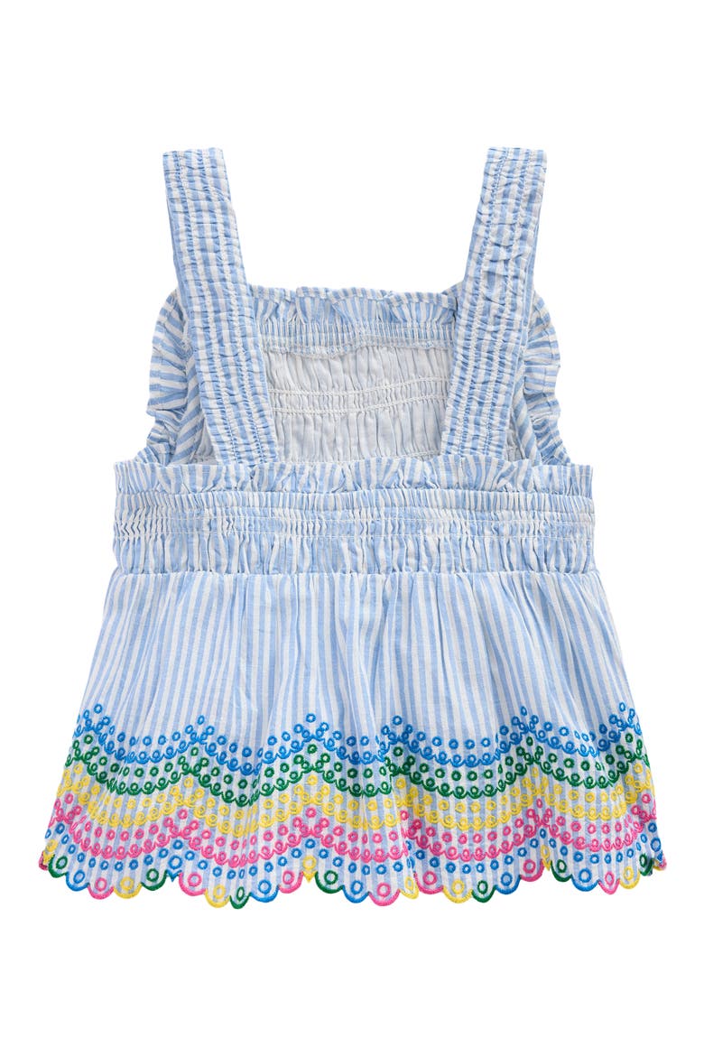 Kids' Stripe Eyelet Shirred Cotton Top, Alternate, color, BLUE TICKING RAINBOW