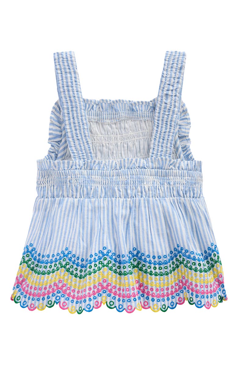 Mini Boden Kids' Stripe Eyelet Shirred Cotton Top, Alternate, color, Blue Ticking Rainbow