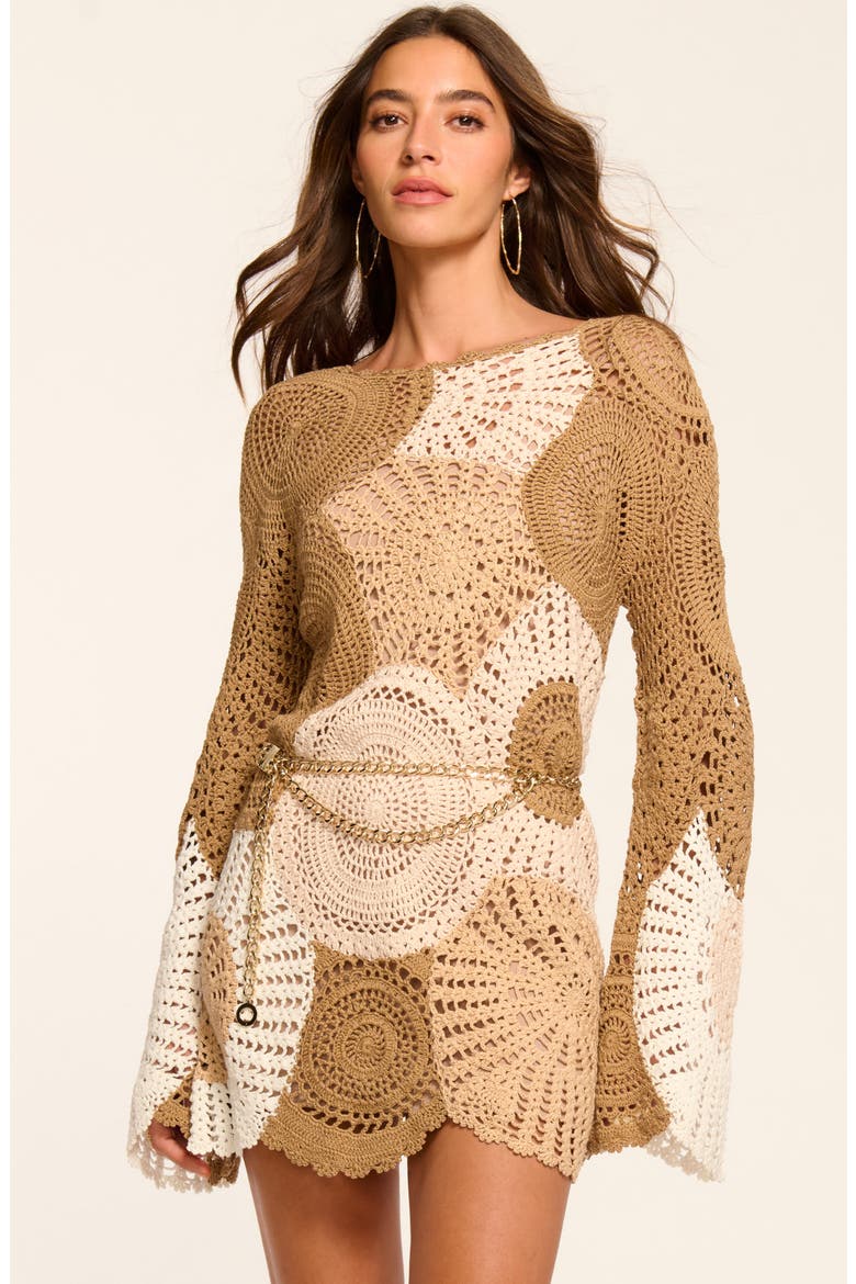 Carina Long Sleeve Cotton Crochet Minidress, Alternate, color, SANDSTONE MULTI COLORBLOCK
